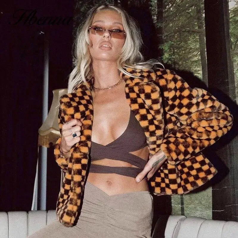 Checkerboard Fluffy Coat | Fashionsarah.com