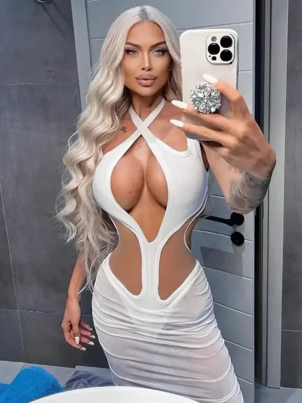 Sexy Halter Mesh Bodycon Mid-calf Dress | Fashionsarah.com