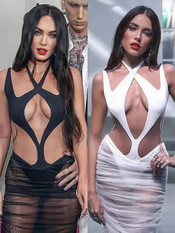 Sexy Halter Mesh Bodycon Mid-calf Dress | Fashionsarah.com