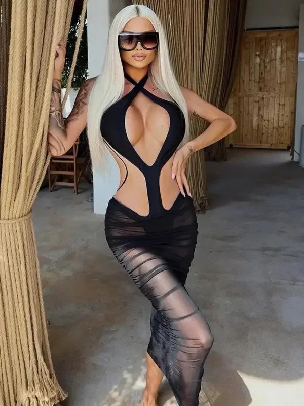 Sexy Halter Mesh Bodycon Mid-calf Dress | Fashionsarah.com