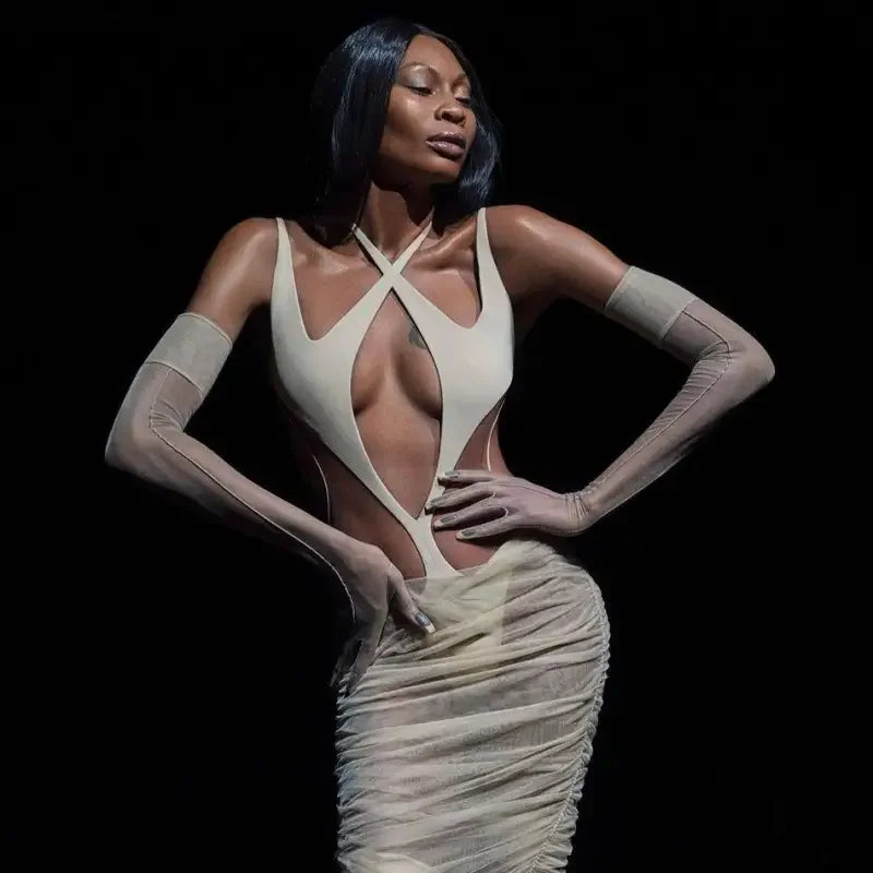 Sexy Halter Mesh Bodycon Mid-calf Dress | Fashionsarah.com