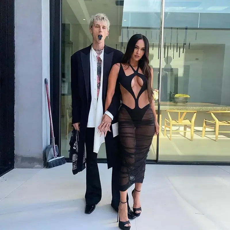 Sexy Halter Mesh Bodycon Mid-calf Dress | Fashionsarah.com