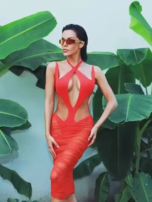 Sexy Halter Mesh Bodycon Mid-calf Dress | Fashionsarah.com