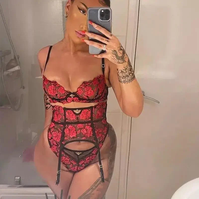 Lace Red Embroidery Set | Fashionsarah.com