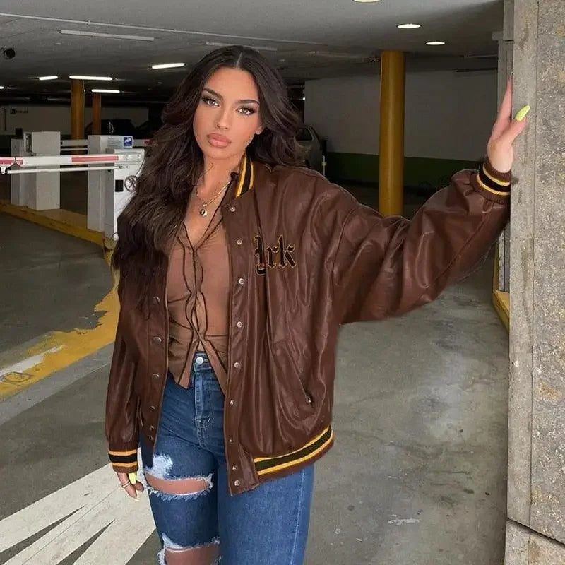 Leather Baseball Loose Jacket | Fashionsarah.com