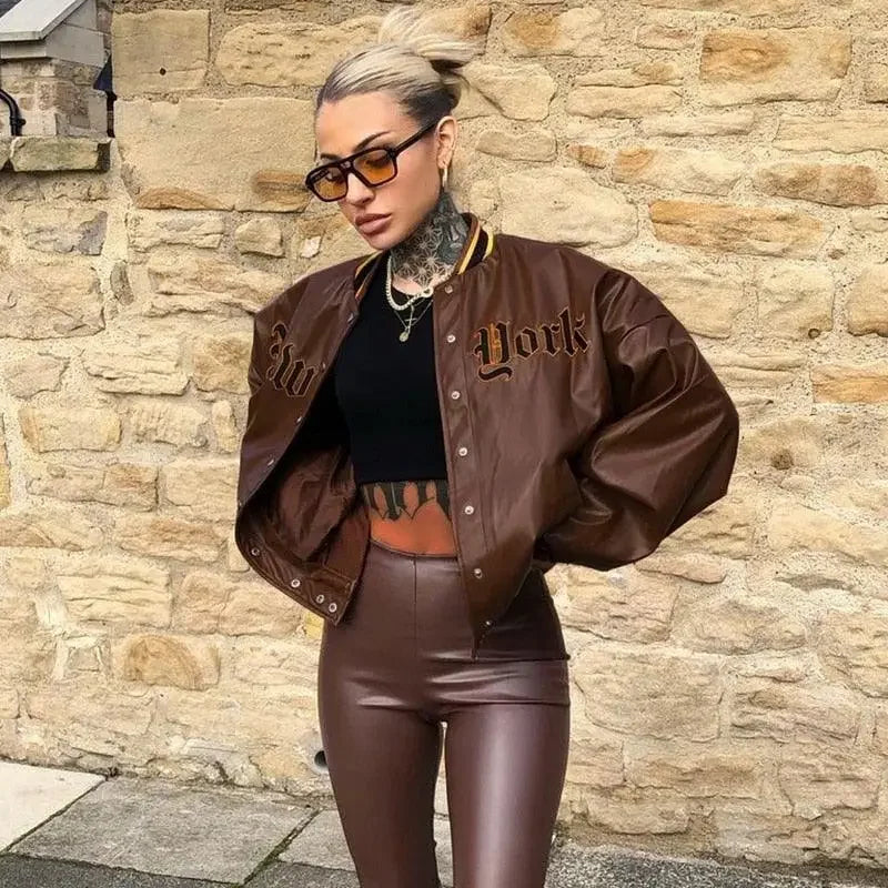 Leather Baseball Loose Jacket | Fashionsarah.com