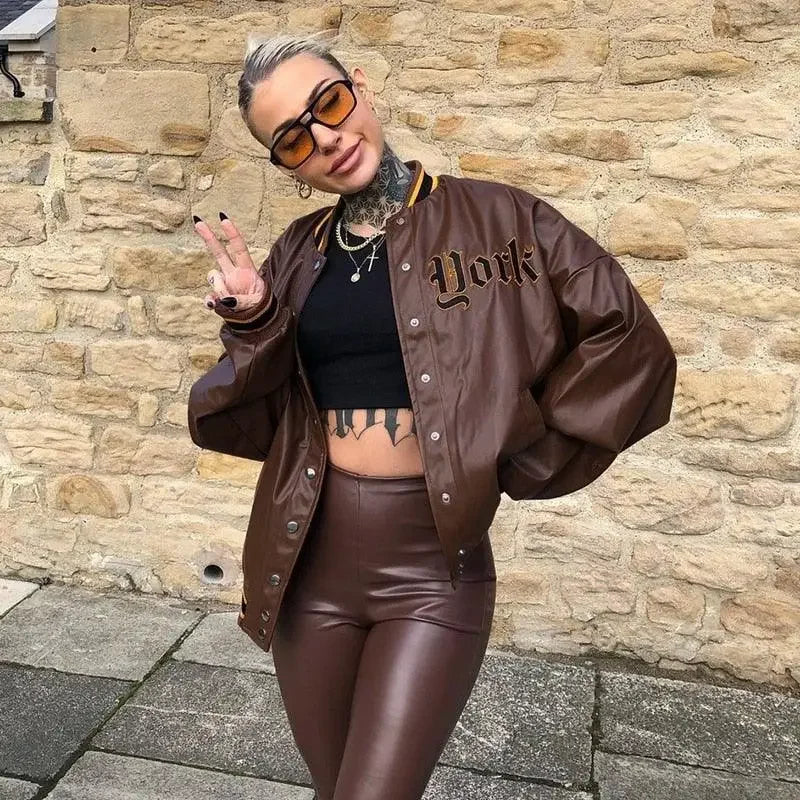 Leather Baseball Loose Jacket | Fashionsarah.com