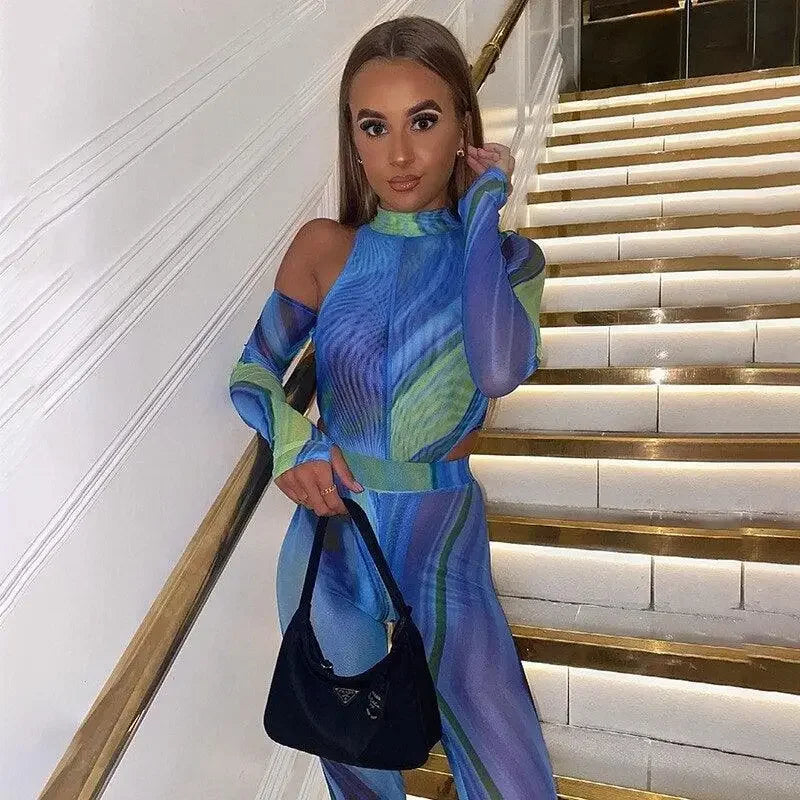 One Shoulder Bodysuit Gloves with Pants | Fashionsarah.com