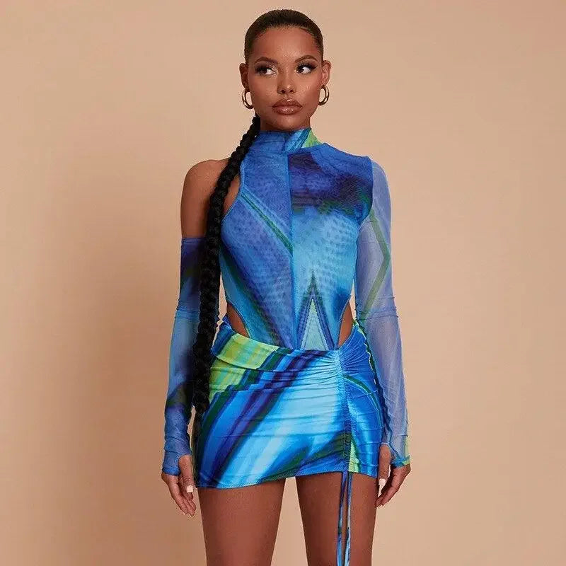 One Shoulder Bodysuit Gloves with Pants | Fashionsarah.com