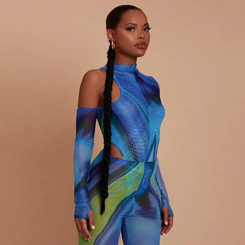 One Shoulder Bodysuit Gloves with Pants | Fashionsarah.com