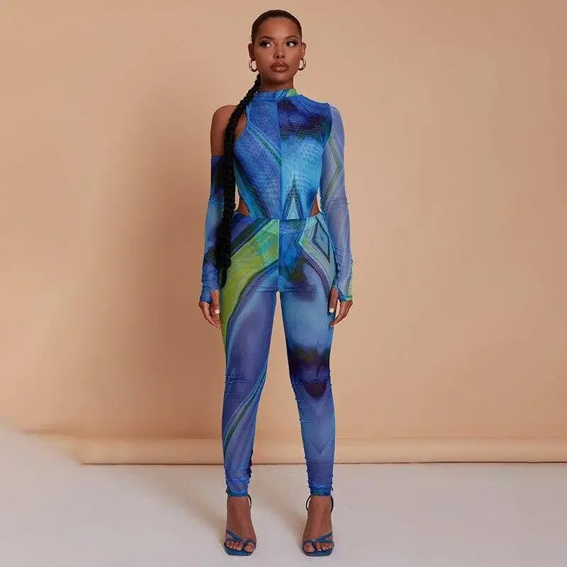 One Shoulder Bodysuit Gloves with Pants | Fashionsarah.com