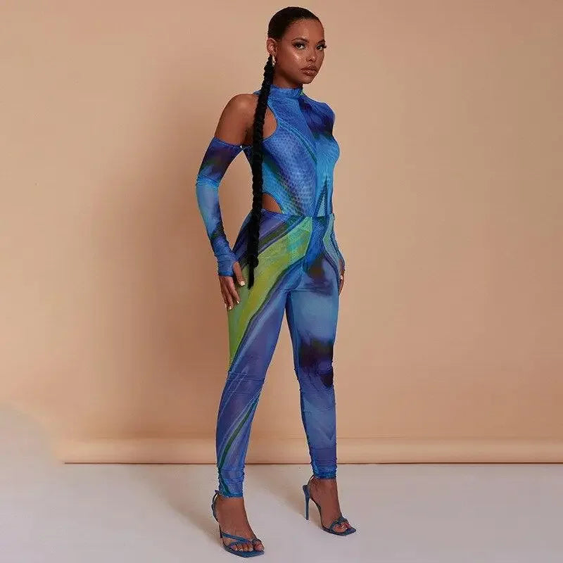 One Shoulder Bodysuit Gloves with Pants | Fashionsarah.com