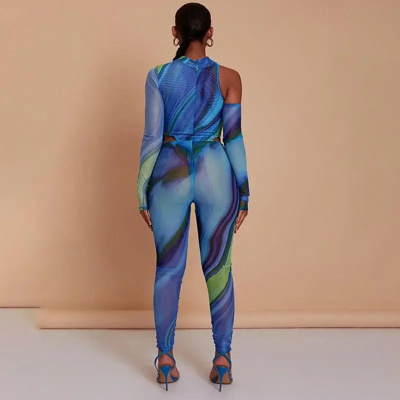 One Shoulder Bodysuit Gloves with Pants | Fashionsarah.com