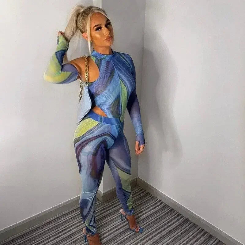 One Shoulder Bodysuit Gloves with Pants | Fashionsarah.com