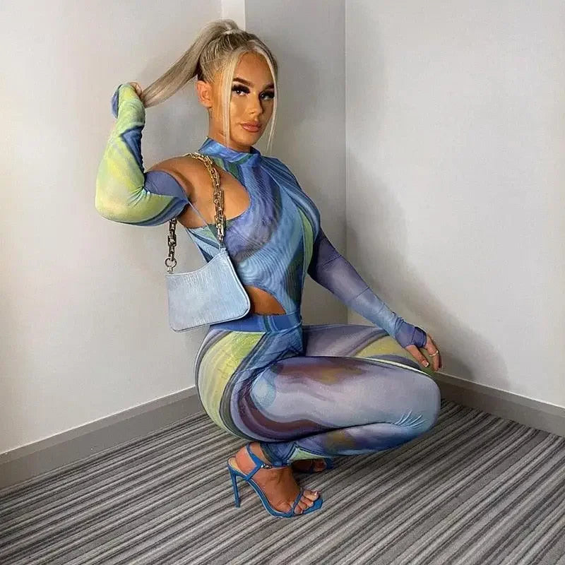 One Shoulder Bodysuit Gloves with Pants | Fashionsarah.com