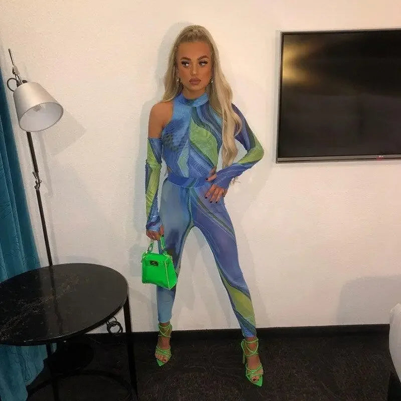 One Shoulder Bodysuit Gloves with Pants | Fashionsarah.com