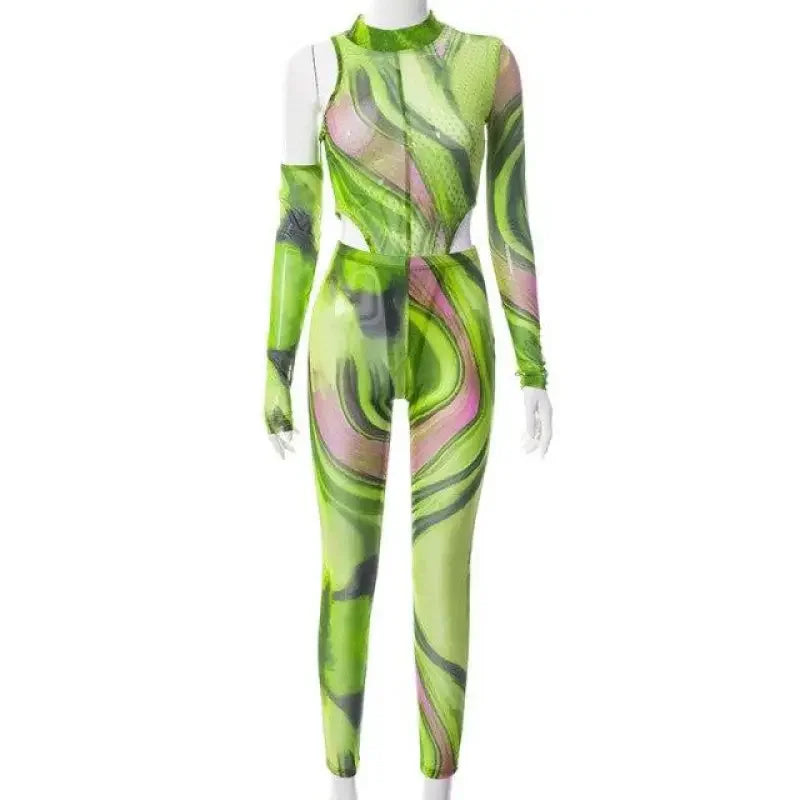 One Shoulder Bodysuit Gloves with Pants | Fashionsarah.com