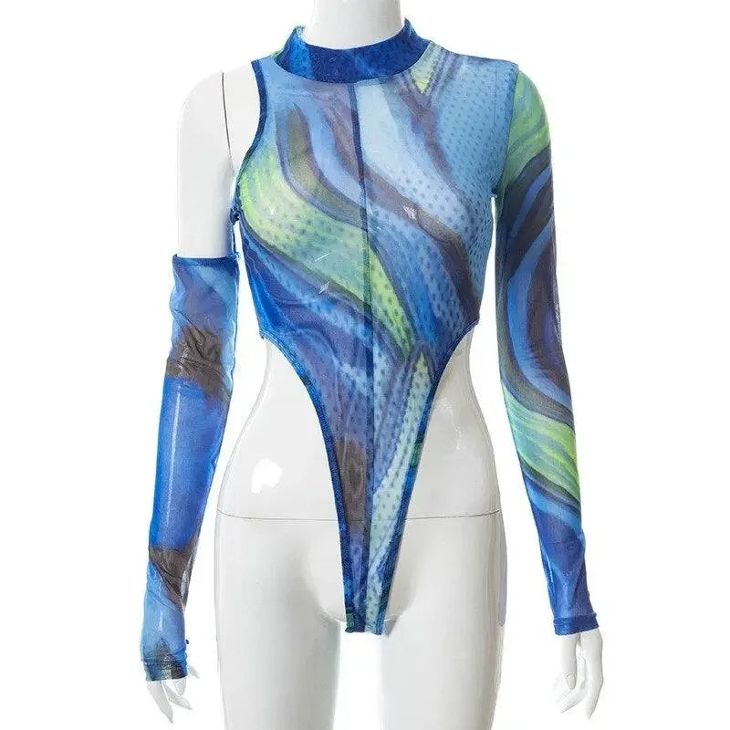 One Shoulder Bodysuit Gloves with Pants | Fashionsarah.com