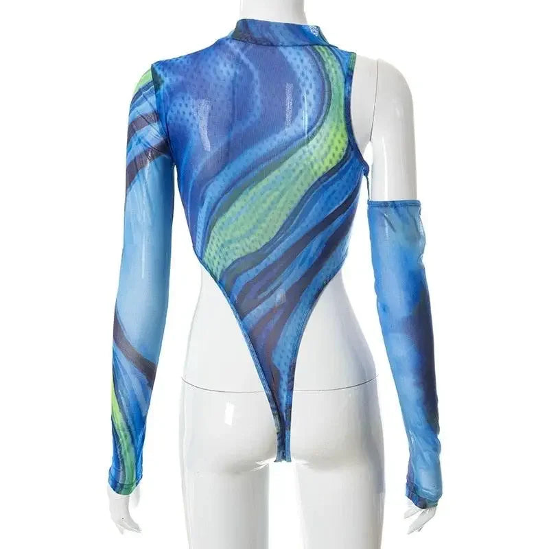 One Shoulder Bodysuit Gloves with Pants | Fashionsarah.com