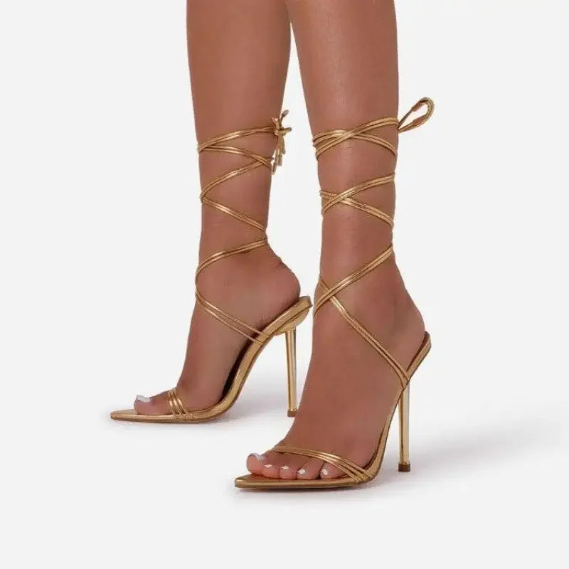 Gold strappy stiletto heels for women, open toe, stiletto 12cm Fashionsarah