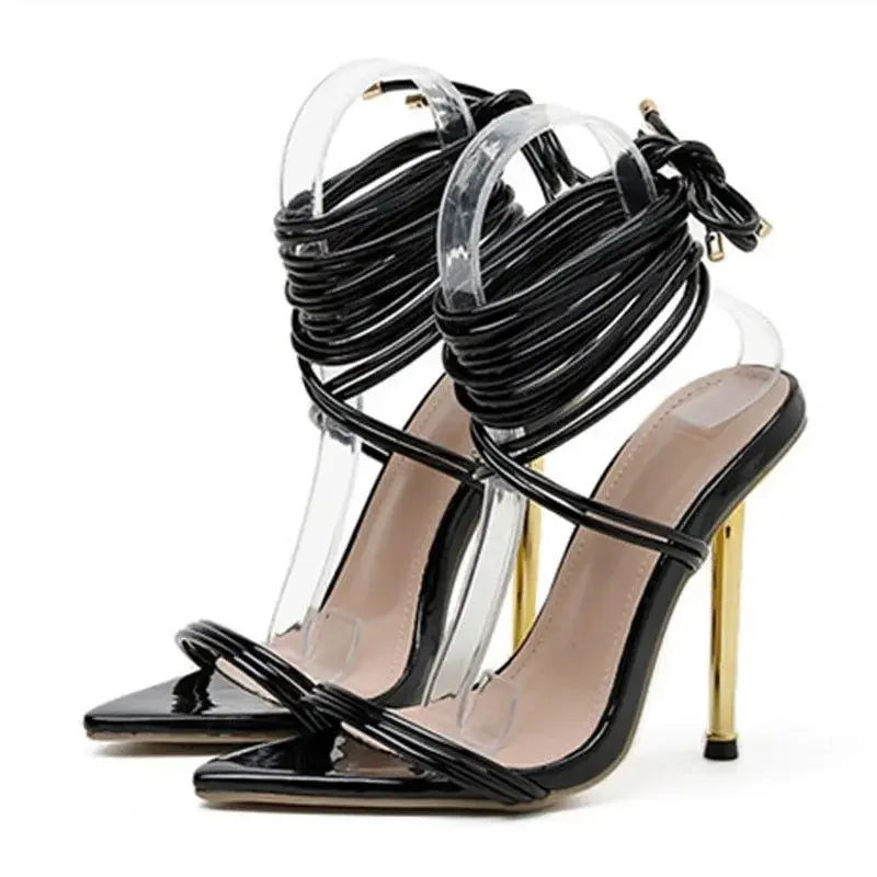 Black strappy stiletto heels with open toe design, 12cm stiletto Fashionsarah