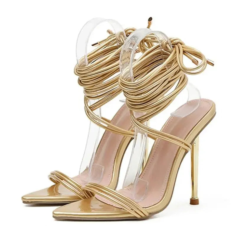 Gold Strappy High-Heeled Sandals Open Toe Stiletto 12cm Fashionsarah