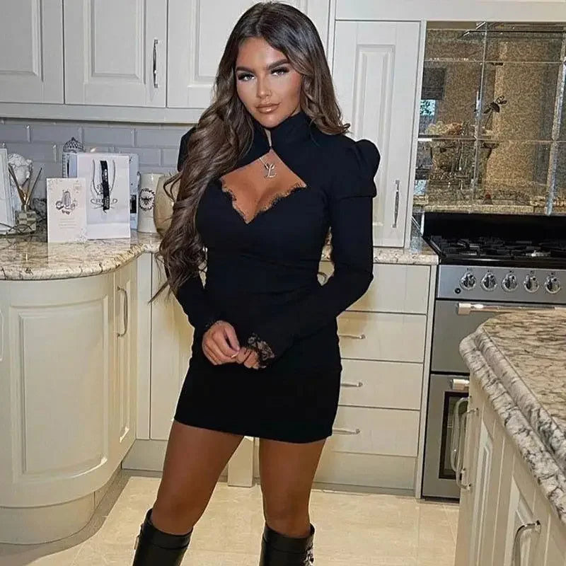 Black long-sleeved mini dress featured in Elegant Spring Dress collection, perfect spring dress