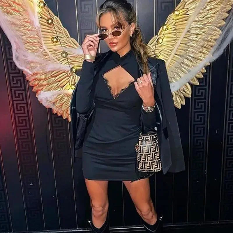 Elegant spring dress featuring a woman in a black lace detail for sophisticated spring fashion