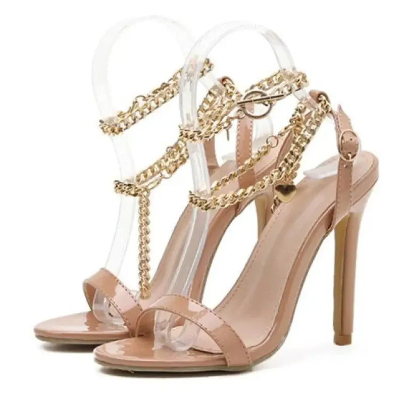 Beige patent leather chain ankle strap stiletto sandals for fashionable stiletto looks