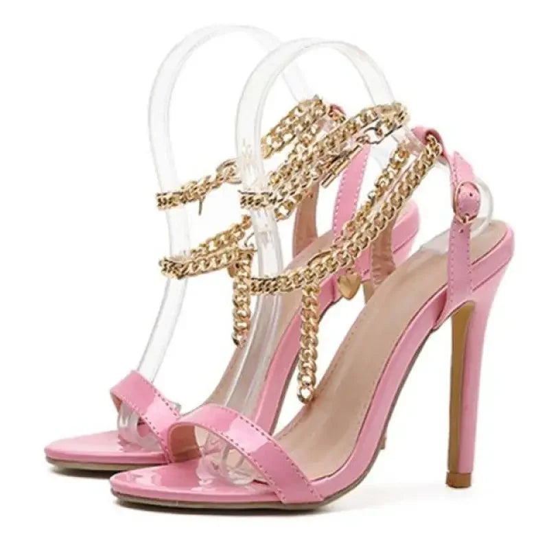 Pink patent leather chain ankle strap stiletto sandal with gold chains for strap stiletto fashionsarah