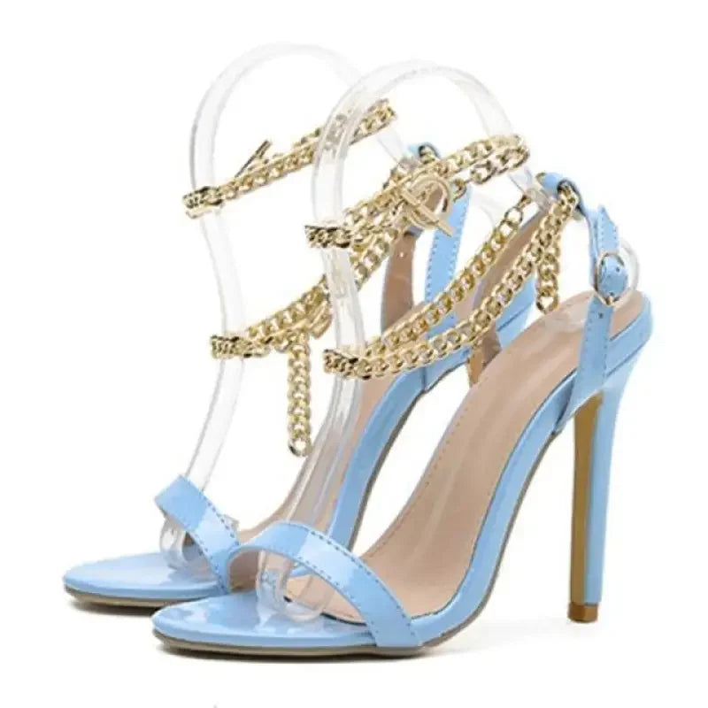 Light blue chain ankle strap stiletto sandals with gold chains for strap stiletto fashionsarah