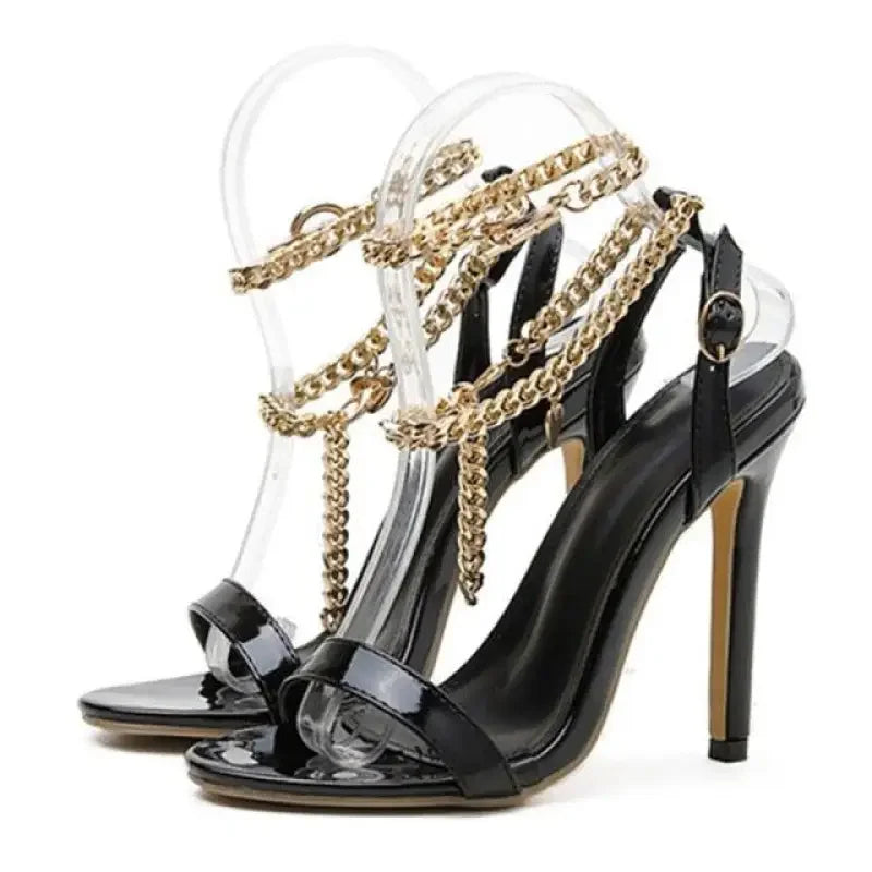 Black patent leather chain ankle strap stiletto heel for elegant strap stiletto fashionsarah footwear