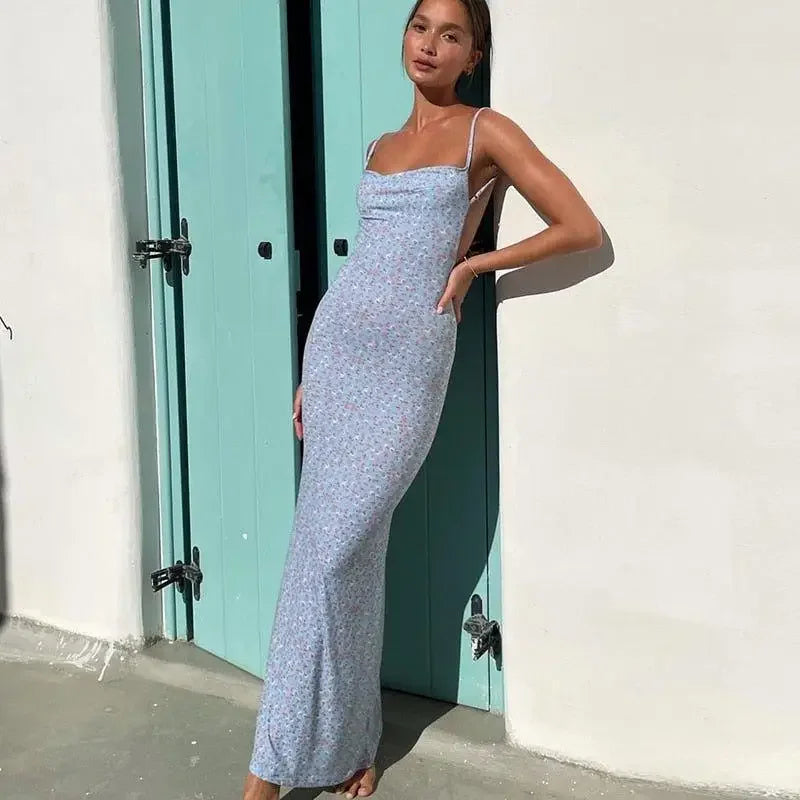 Floral print maxi dress showcasing backless summer dress fashionSarah summer dress fashionsarah