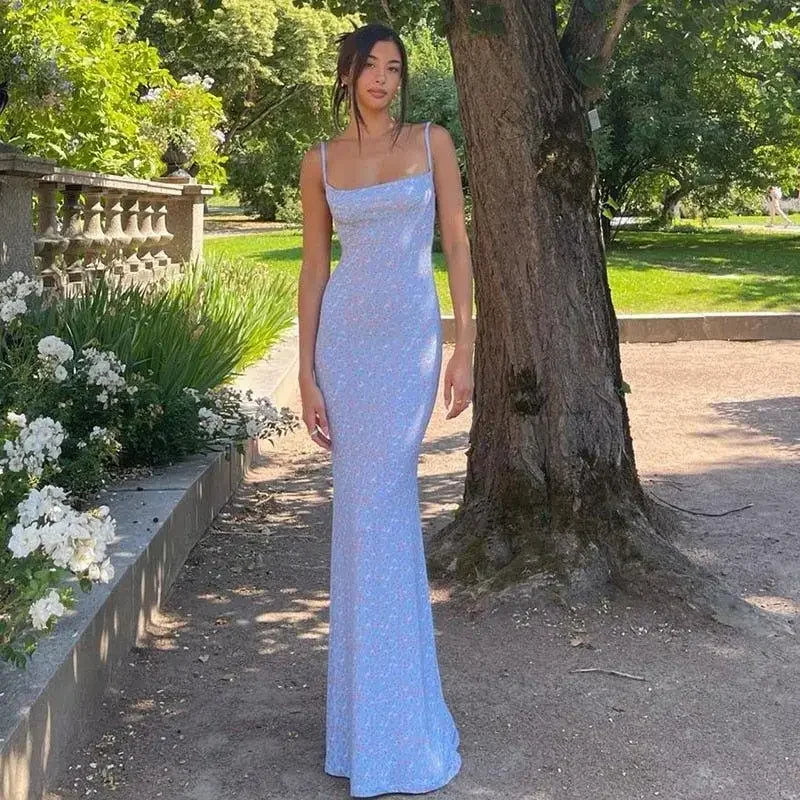 Floral-patterned light blue backless summer dress from Summer Dress Fashionsarah