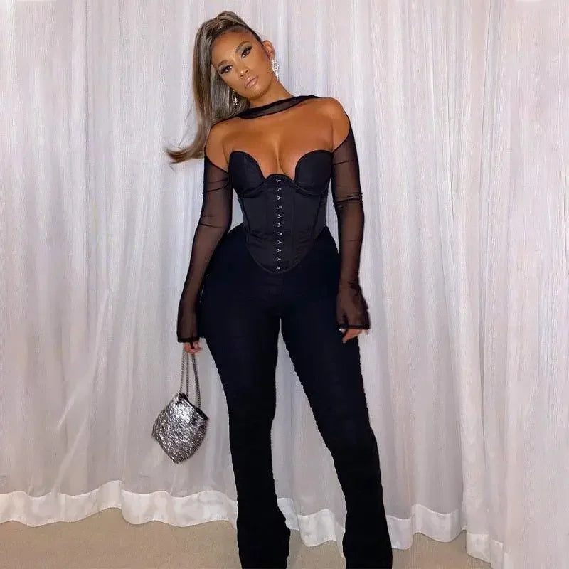 Black corset crop top and pants outfit from Online Boutique women’s fashion collection