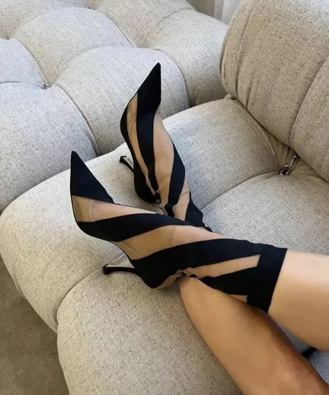 Black striped stiletto boots from Zebra Ankle Transparent Boots, perfect for women’s fashion
