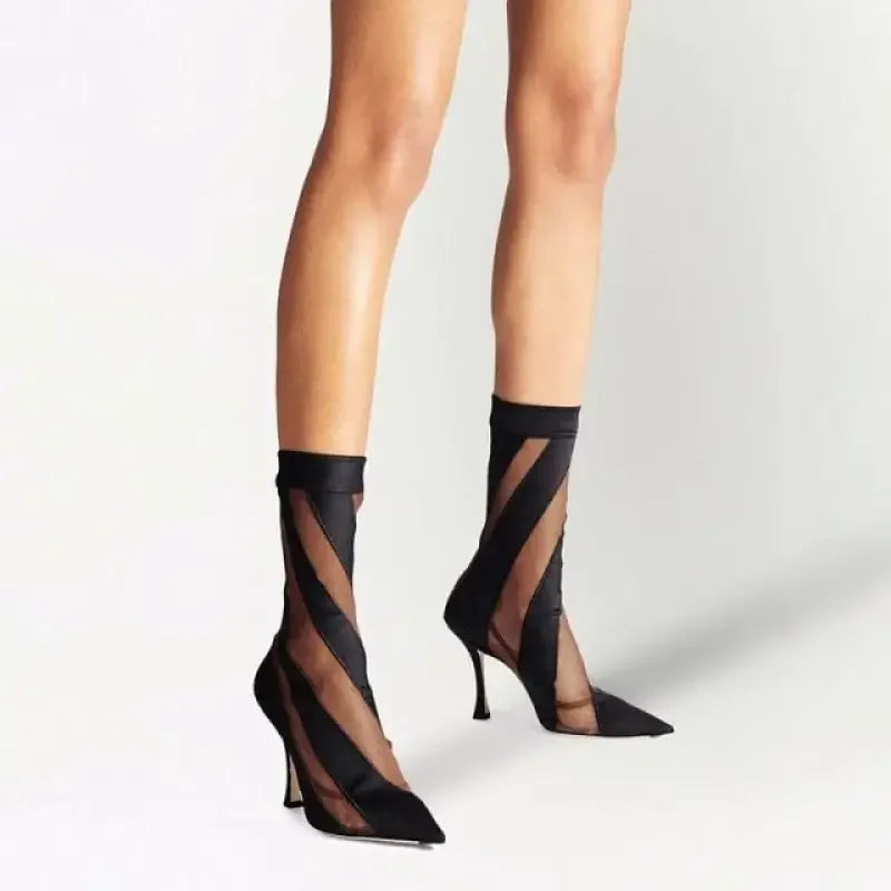 Black mesh stiletto sock boots from Zebra Ankle Transparent Boots, perfect for women’s fashion
