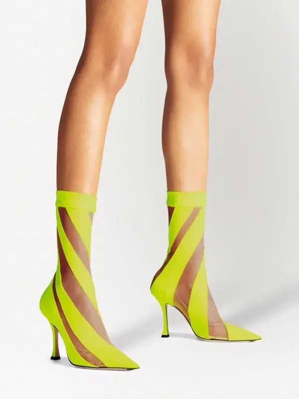 Neon yellow striped stiletto boots from Zebra Ankle Transparent Boots, perfect for women’s fashion at an online boutique