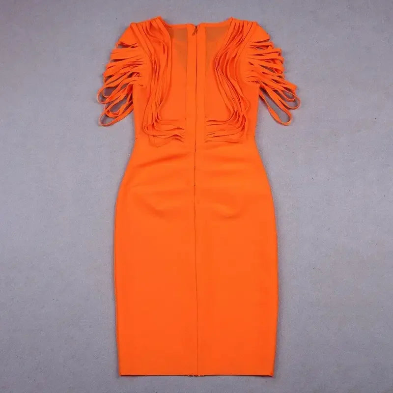 Orange fringe-sleeved dress showcasing tassel orange elegant style, perfect for formal occasions