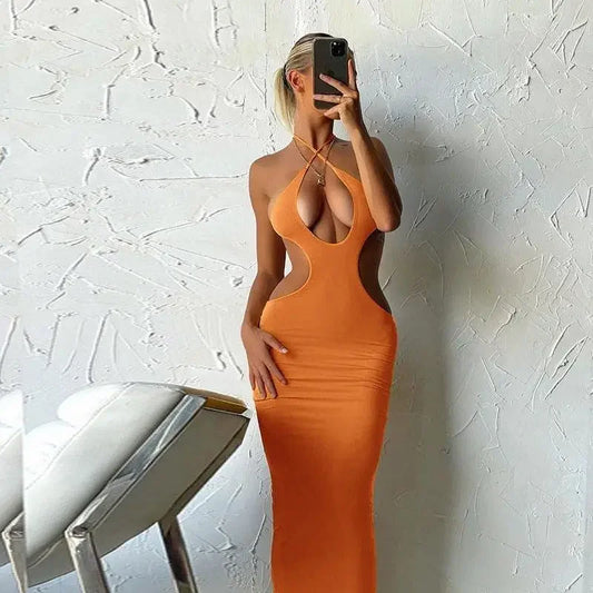 Orange halter maxi dress displayed as halter neck summer dress for summer dress fashionsarah