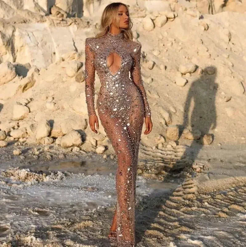 Sparkly sheer long dress with luxury diamonds midi for elegant prom nights