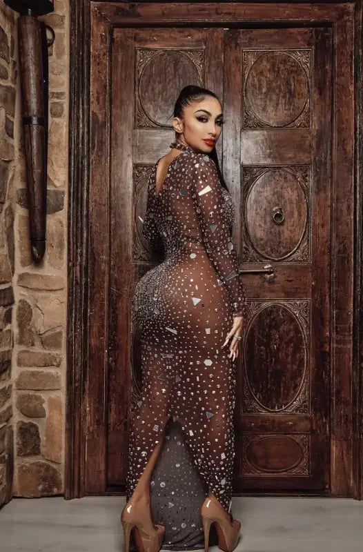 Luxury diamonds midi sheer embellished gown in the Rhinestone Transparent Prom Dress collection