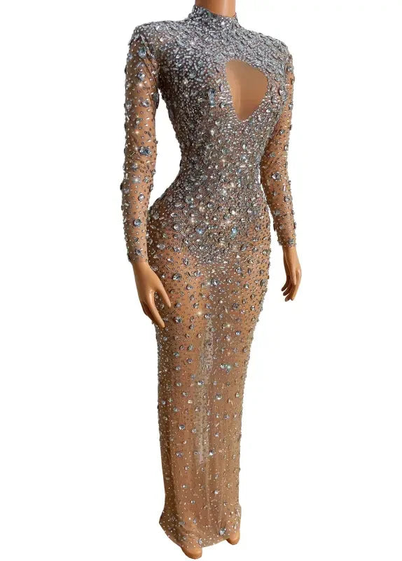 Rhinestone-studded sheer gown from Rhinestone Transparent Prom Dress featuring luxury diamonds midi