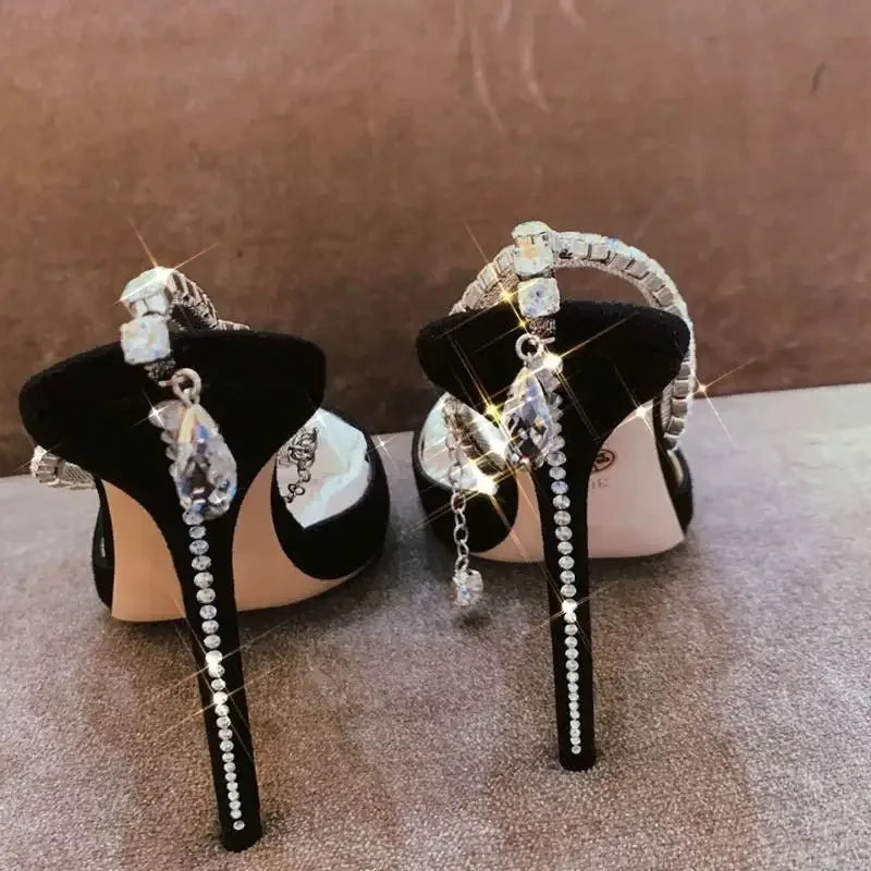 Luxurious V Cut Strap Rhinestone Heels | Fashionsarah.com