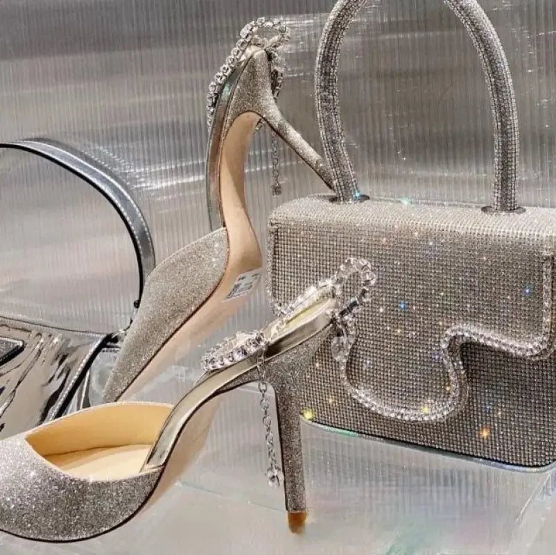 Luxurious V Cut Strap Rhinestone Heels | Fashionsarah.com