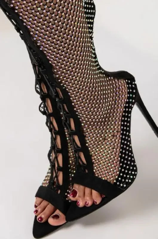 Black stiletto heel sandal boot with rhinestone mesh from Over-The-Knee Crystal Cross Tied Boots