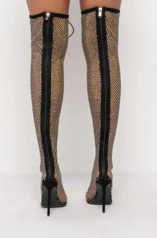 Rhinestone-studded thigh-high stiletto boots with crystal cross tied design fashionsarah