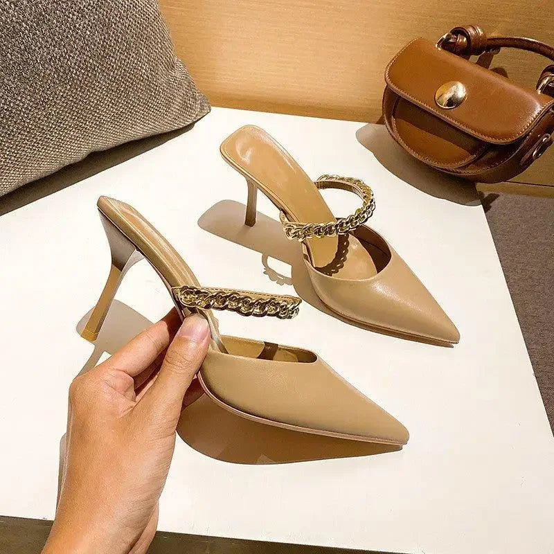 Beige pointed toe heels with chain straps, stylish pointed toe mules for women