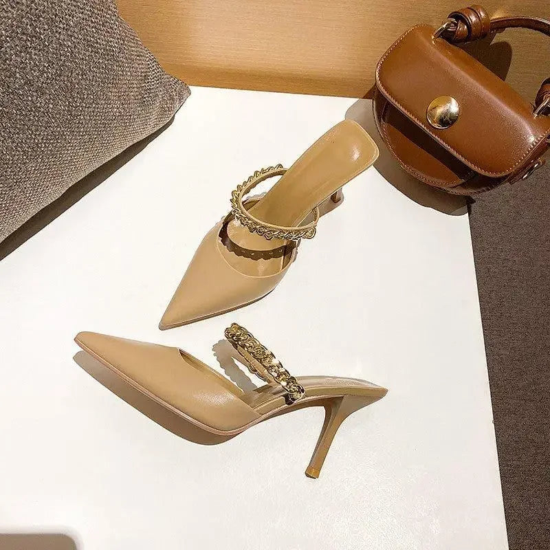 Beige pointed toe heels with jeweled straps, stylish pointed-toe toe heels for women