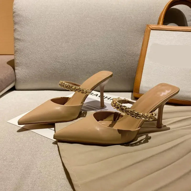 Beige pointed toe heels with gold chain straps, stylish pointed toe mules